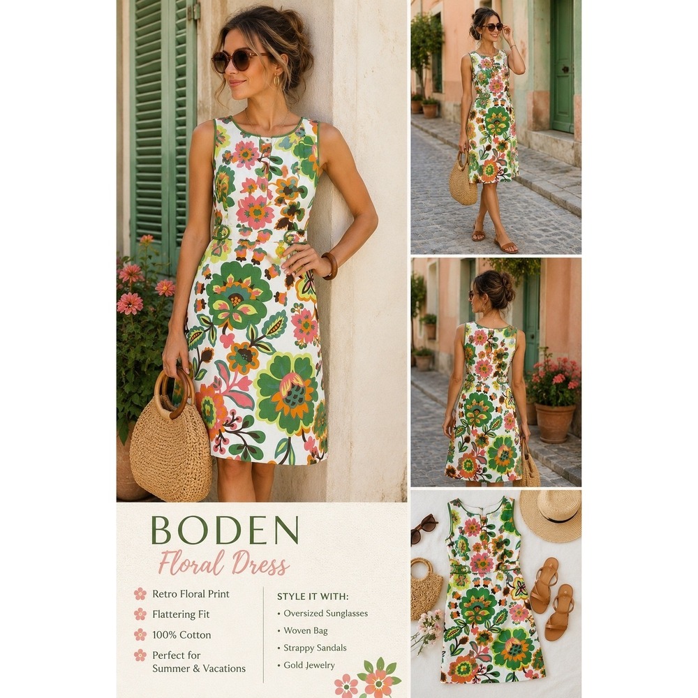 Boden Floral Shift Dress Green Pink Orange Retro 100% Cotton WH184 UK10R US6R